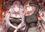  2girls alternate_costume aogi_(pixiv9459043) autumn autumn_leaves azur_lane bangs bare_arms bare_shoulders black_dress black_ribbon black_skirt black_sweater blanket blonde_hair breasts cleavage closed_mouth coffee coffee_mug collarbone commentary contemporary cross cross_necklace cup dress eyebrows_visible_through_hair eyes_visible_through_hair from_above grey_eyes grey_skirt hair_between_eyes hair_over_one_eye hair_ribbon hand_to_forehead highres jewelry large_breasts long_hair long_sleeves looking_at_viewer lying medium_hair mug multicolored_hair multiple_girls necklace on_back open_mouth outdoors prinz_eugen_(azur_lane) revision ribbed_sweater ribbon roon_(azur_lane) sidelocks silver_hair skirt smile streaked_hair sweater two_side_up yellow_eyes 