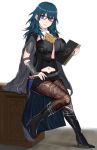  1girl armor bad_proportions black_cape blue_eyes blue_hair book breasts byleth_(fire_emblem) byleth_(fire_emblem)_(female) cape closed_mouth dagger fire_emblem fire_emblem:_three_houses full_body glasses high_heels highres holding holding_book large_breasts medium_hair navel pantyhose sheath sheathed sitting solo sssemiii weapon 