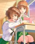  2girls akiyama_yukari anglerfish book breasts brown_eyes brown_hair classroom desk girls_und_panzer green_skirt highres medium_breasts multiple_girls nishizumi_miho ooarai_school_uniform sailor_collar school_desk school_uniform serafuku skirt smile squatting sunset window yuru_melon 