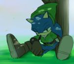  anthro blue_fur boots clothing cosplay costume crossover eulipotyphlan footwear fur gloves green_clothing green_eyes handwear hat headgear headwear hedgehog kalk427 link male mammal nintendo outside sitting solo sonic_(series) sonic_the_hedgehog the_legend_of_zelda tree video_games 
