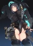  1girl absurdres aqua_eyes ass black_hair breasts commentary_request earrings final_fantasy final_fantasy_xiv fingerless_gloves firearm gloves gun hat highres hyur jewelry large_breasts looking_at_viewer machinist_(final_fantasy) nanahara_fuyuki red_eyes robot short_hair thighhighs twitter_username weapon wrench 