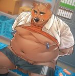  2019 anthro belly blush bodily_fluids brown_fur clothed clothing cum fur genital_fluids male mammal moobs navel nipples oaks16 open_shirt overweight overweight_male penis sex_toy shirt sitting solo topwear ursid 