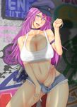  blue_eyes breasts bulge capcom choker cleavage cock_ring cuffs erection final_fight futanari handcuffs hat hot_pants naughty_face newhalf no_bra no_panties penis photoshop poison poison_(final_fight) precum purple_hair shinku_p short_shorts shorts 