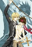  2boys bandana bandanna blonde_hair brown_hair genjyo_sanzo male male_focus multiple_boys rope saiyuki short_hair son_goku_(saiyuki) swinging sword topless weapon yaoi yellow_eyes 