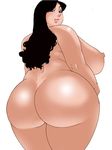  1girl ass bangs black_hair blush breasts dimples_of_venus doomcomic fat from_behind huge_ass huge_breasts long_hair looking_at_viewer looking_back nude open_mouth penguindou plump simple_background smile solo white_background 