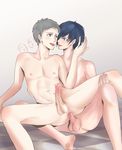  2boys anal arisato_minato atlus barefoot blue_eyes erection glans kiss multiple_boys nipples nude on_lap penis persona persona_3 precum saliva sanada_akihiko sex shin_megami_tensei sitting spread_legs testicles uncensored yaoi yuuki_makoto 