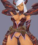 areolae armor bad_id bad_pixiv_id belt breasts cameltoe cleavage clitoris dark_skin elbow_gloves fat_mons gloves gus_(clarkii) large_breasts legs monster_hunter monster_hunter_frontier nipple_slip nipples pussy pussy_peek shoulder_pads silver_hair solo tan thighs yellow_eyes 
