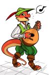  anthro bard butt_pose claws clothed clothing dungeons_&amp;_dragons green_eyes hat holding_musical_instrument holding_object kobold lute male music musical_instrument musical_note open_mouth open_smile pictographics playing_music reptile scales scalie simple_background singing sisu smile solo sorcerushorserus speech_bubble standing toe_claws tunic white_background 