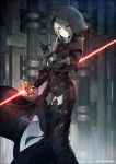  1girl arm_guards artoria_pendragon_(all) blonde_hair bodysuit collar commentary_request energy_sword excalibur fate/grand_order fate_(series) garter_straps gloves hair_between_eyes hand_up holding holding_weapon hood hood_up hooded_coat kei-suwabe lightsaber long_coat looking_at_viewer mysterious_heroine_x_(alter) pale_skin short_hair solo standing sword thighhighs twitter_username weapon yellow_eyes 