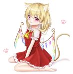  1girl :3 alternate_hairstyle animal_ear_fluff animal_ears arm_up barefoot between_legs blonde_hair blush cat_ears cat_tail commentary_request cravat eyebrows_visible_through_hair flandre_scarlet frilled_shirt_collar frilled_skirt frilled_sleeves frills hair_between_eyes hand_between_legs head_tilt highres kemonomimi_mode looking_at_viewer medium_hair no_headwear nyanyanoruru open_mouth paw_background paw_pose puffy_short_sleeves puffy_sleeves red_eyes red_skirt red_vest shirt short_sleeves sitting skirt solo tail touhou vest wariza white_background white_shirt wings yellow_neckwear 