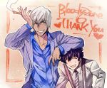  2boys blue_shirt cigar closed_eyes collar collarbone dark_skin english_text hand_in_hair holding holding_cigar housui_(g3hopes) jacket kekkai_sensen leonardo_watch long_sleeves looking_at_viewer multiple_boys necktie one_eye_closed open_mouth purple_hair shirt short_hair smile smoke striped striped_jacket striped_neckwear suspenders upper_body white_hair white_shirt zap_renfro 