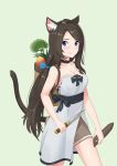  absurdres animal_ear_fluff animal_ears backpack bag black_hair blue_eyes blush breasts cat_ears cat_tail choker cleavage collarbone cowboy_shot dress eyebrows_visible_through_hair food green_background highres holding holding_weapon looking_at_viewer medium_breasts nekoze_(s22834712) original simple_background smile strapless strapless_dress tail tail_lift tu_ya_(nekoze) twintails weapon white_dress 
