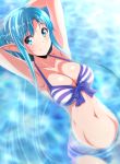  1girl airando armpits arms_behind_head asuna_(sao) asuna_(sao-alo) bikini blue_eyes blue_hair breasts closed_mouth collarbone eyebrows_visible_through_hair highres large_breasts long_hair navel partially_submerged pointy_ears smile solo striped striped_bikini swimsuit sword_art_online water 