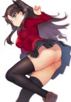  1girl ass bangs black_bow black_hair black_legwear black_skirt blue_eyes blush bow breasts brown_footwear eyebrows_visible_through_hair fate/stay_night fate_(series) from_below hair_bow iku_(ikuchan_kaoru) leg_up loafers long_hair long_sleeves looking_at_viewer looking_down medium_breasts miniskirt no_panties parted_bangs pleated_skirt red_sweater shoes simple_background skindentation skirt solo standing standing_on_one_leg steaming_body sweater thighhighs toosaka_rin two_side_up upskirt very_long_hair white_background 