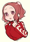  1girl :o alternate_hairstyle brown_hair cropped_torso do_m_kaeru flat_color jacket long_sleeves okumura_haru open_mouth persona persona_5 ponytail purple_eyes red_jacket short_hair simple_background sketch solo track_jacket twitter_username yellow_background 