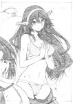  1girl absurdres ass_visible_through_thighs bare_arms barefoot bikini blush breasts cleavage closed_mouth cloud collarbone cowboy_shot greyscale hair_between_eyes haruna_(kantai_collection) headgear highres kantai_collection kojima_takeshi large_breasts long_hair looking_at_viewer monochrome navel outdoors own_hands_together polka_dot polka_dot_bikini smile solo_focus stomach swimsuit very_long_hair 