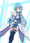  1girl absurdres asuna_(sao) asuna_(sao-alo) bare_shoulders blue_eyes blue_hair blue_legwear breasts character_name commentary_request dated detached_sleeves eyebrows_visible_through_hair freekenji422 highres long_hair looking_at_viewer medium_breasts pointy_ears smile solo sword_art_online thighhighs 