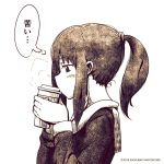  1girl bangs blush breath coffee_cup copyright copyright_name cup disposable_cup drinking eyebrows_visible_through_hair from_side hair_tie highres holding holding_cup long_sleeves medium_hair monochrome original ponytail school_uniform shokubai_phantom_girl sidelocks simple_background thought_bubble white_background winter_uniform 