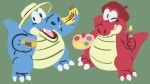  16:9 2019 anthro banana blue_body clothing crocodile crocodilian crocodylid duo food fruit green_background hat headgear headwear hi_res link&#039;s_awakening nintendo one_eye_closed plant red_body reptile sale_(zelda) scalie simple_background slightly_chubby teeth teh_ray the_legend_of_zelda tongue tongue_out video_games wink 