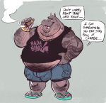  &lt;3 2019 anthro belly bottomwear bracelet bulge cigar clothing common_hippopotamus dramamine english_text facial_hair footwear gold_(metal) gold_necklace gold_tooth hi_res hippopotamid jewelry male mammal necklace overweight overweight_male ring sandals shirt shorts smoke solo speech_bubble standing stomach_hair tank_top tattoo text tight_clothing topwear 