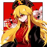  1girl black_dress black_headwear blonde_hair chinese_clothes closed_mouth crescent dress expressionless floating_hair floral_background from_side hat junko_(touhou) long_hair long_sleeves looking_afar mindoll red_background red_eyes ribbon shaded_face shiny shiny_hair sidelocks solo tabard tassel touhou two-tone_background upper_body very_long_hair white_background wide_sleeves yellow_ribbon 