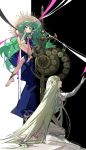  2girls braid closed_mouth dress fire_emblem fire_emblem:_three_houses flower from_side green_eyes green_hair hair_flower hair_ornament highres long_hair multiple_girls parted_lips pointy_ears rhea_(fire_emblem) sothis_(fire_emblem) sword tiara tomatoccccat twin_braids weapon 