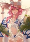  1girl :d animal_ear_fluff animal_ears arms_up bangs bikini bikini_under_clothes blue_bikini blurry blurry_foreground breasts brown_eyes brown_headwear cleavage collarbone commentary_request depth_of_field eyebrows_visible_through_hair fang fate/grand_order fate_(series) fox_ears hair_between_eyes hands_on_headwear hat kagachi_saku long_hair looking_at_viewer medium_breasts open_mouth pink_hair see-through shirt short_sleeves smile solo straw_hat swimsuit tamamo_(fate)_(all) tamamo_no_mae_(swimsuit_lancer)_(fate) wet wet_clothes wet_shirt white_shirt 