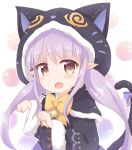  1girl animal_ears animal_hood araki495 bangs bell black_capelet black_jacket blush bow brown_eyes capelet cat_ears cat_girl cat_hood cat_tail commentary_request eyebrows_visible_through_hair fake_animal_ears fang fur-trimmed_capelet fur-trimmed_hood fur_trim highres hikawa_kyoka hood hooded_capelet jacket jingle_bell long_hair long_sleeves looking_at_viewer low_twintails open_mouth paw_pose princess_connect! princess_connect!_re:dive purple_bow purple_hair solo tail tail_bow tail_raised twintails upper_body very_long_hair wide_sleeves yellow_bow 