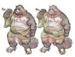  2019 anthro belly brown_fur bulge canid canine clothing footwear fundoshi fur gyobu humanoid_hands japanese_clothing leaf male mammal moobs nipples overweight overweight_male raccoon_dog robe sandals scar simple_background solo tanuki tattoo tokyo_afterschool_summoners uchider underwear video_games white_background 