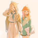  2girls annette_fantine_dominic blonde_hair closed_eyes closed_mouth fire_emblem fire_emblem:_three_houses guiyuy holding holding_hands holding_pillow long_hair long_sleeves mercedes_von_martritz messy_hair multiple_girls open_mouth orange_hair pajamas pillow simple_background white_background 