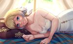  1girl bare_shoulders blonde_hair blue_eyes blush breasts cleavage collarbone commentary_request dress evomanaphy fire_emblem fire_emblem_heroes fjorm_(fire_emblem) gradient_hair highres looking_at_viewer lying medium_breasts multicolored_hair on_bed on_pillow on_side pillow short_hair signature silver_hair smile solo spaghetti_strap strap_slip two-tone_hair white_dress 