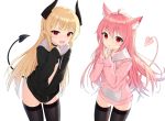  2girls ahoge animal_ear_fluff animal_ears black_choker black_jacket black_legwear blonde_hair cat_ears choker commission cowboy_shot demon_girl demon_horns demon_tail drawstring fang hand_up hands_up highres horns jacket long_hair long_sleeves looking_at_viewer multiple_girls naked_coat open_mouth original parted_lips pink_hair pink_jacket pointy_ears red_eyes sidelocks simple_background standing tail thighhighs thighs tttanggvl very_long_hair white_background 