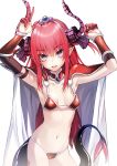  1girl armor arms_up bikini_armor blush breasts collarbone elizabeth_bathory_(brave)_(fate) elizabeth_bathory_(fate)_(all) fang fate/grand_order fate_(series) horns long_hair looking_at_viewer navel open_mouth pointy_ears pokan_(xz1128) purple_eyes red_hair small_breasts smile solo tail white_background 