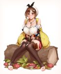  1girl absurdres atelier_(series) atelier_ryza belt boots breasts bridal_legwear brown_belt brown_eyes brown_gloves brown_legwear cleavage gloves hair_ornament hairclip highres jewelry kairuhentai large_breasts leather leather_belt leather_gloves log mushroom necklace plant red_shorts reisalin_stout short_shorts shorts sitting smile solo star star_necklace thighhighs toeless_boots white_headwear 