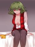  1girl ascot_removed black_panties breasts cleavage eyebrows_visible_through_hair fat_mons gradient gradient_background green_hair grey_background highres indoors kazami_yuuka large_breasts legs_together long_sleeves mindoll naughty_face open_clothes open_shirt open_vest outline panties panties_under_pantyhose pantyhose plaid plaid_skirt plaid_vest red_eyes red_skirt red_vest reflective_eyes shiny shiny_clothes shiny_hair shiny_skin shirt short_hair sitting skirt skirt_set slit_pupils smile solo thighs touhou underwear vest wavy_hair white_shirt yellow_neckwear 