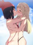  2girls ass bare_arms bare_shoulders beanie black_hair black_swimsuit blonde_hair blue_sky blush braid breasts closed_eyes cloud commentary_request covered_nipples day french_braid french_kiss green_eyes hat hug kiss lillie_(pokemon) long_hair looking_at_another medium_breasts mizuki_(pokemon) multiple_girls noripachi outdoors pink_swimsuit pokemon pokemon_(game) pokemon_sm short_hair shoulder_blades sideboob skindentation sky slingshot_swimsuit small_breasts summer sweat swimsuit yuri 