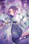 1girl black_hair bug butterfly butterfly_on_hair flower haori holding holding_sword holding_weapon insect japanese_clothes kimetsu_no_yaiba kochou_shinobu lips looking_at_viewer petals purple_eyes smile solo songjikyo sword weapon wisteria 