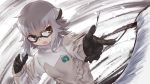  1girl black_gloves chalk commentary_request eyebrows_visible_through_hair glasses gloves grey_hair grey_sweater hair_between_eyes highres japari_symbol kemono_friends long_sleeves meerkat_(kemono_friends) meerkat_ears multicolored_hair open_mouth short_hair solo sweater tadano_magu throwing turtleneck two-tone_hair two-tone_sweater upper_body wind yellow_eyes 