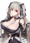  1girl absurdres azur_lane bangs bare_shoulders between_breasts black_dress blush breasts cleavage dress earrings eyebrows_visible_through_hair flight_deck formidable_(azur_lane) frilled_dress frills grey_hair hair_ribbon hand_on_own_cheek highres jewelry large_breasts long_hair long_sleeves looking_at_viewer parted_lips red_eyes ribbon rigging simple_background skirt_hold solo twintails two-tone_dress two-tone_ribbon very_long_hair white_background yayoichi_(yoruyoru108) 