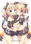  2girls :p ;) animal animal_ears animal_on_head bangs bare_shoulders black_gloves black_legwear black_skirt black_sleeves blonde_hair blue_bow blue_eyes blush bow breasts cat_ears cat_girl cat_tail character_request cleavage closed_mouth commentary_request crop_top detached_sleeves eyebrows_visible_through_hair gloves hair_between_eyes hair_bow hair_bun hamster hand_up layered_skirt long_hair miniskirt multiple_girls navel on_head one_eye_closed original pan_(mimi) paw_gloves paws pink_bow pleated_skirt puffy_short_sleeves puffy_sleeves red_eyes short_sleeves skirt small_breasts smile socks standing standing_on_one_leg striped striped_bow tail tail_bow tail_raised tongue tongue_out 