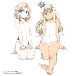  2girls alternate_costume anchor_print bangs blonde_hair blue_eyes blush breasts commentary_request covered_navel eyebrows_visible_through_hair full_body grecale_(kantai_collection) hair_between_eyes hair_ornament headgear janus_(kantai_collection) kantai_collection long_hair looking_at_viewer multiple_girls one-piece_swimsuit parted_bangs ribbon seiza short_hair simple_background sitting small_breasts smile souji swimsuit tan thighs white_background white_swimsuit 