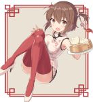  1girl alternate_costume armpits bamboo_steamer baozi breasts brown_eyes brown_hair china_dress chinese_clothes commentary_request dress dumpling etou_kanami floral_print food hair_ornament high_heels highres knees_up large_breasts looking_at_viewer microdress nail_polish one_side_up open_mouth pera plate red_legwear red_nails short_hair sleeveless sleeveless_dress solo thighhighs toji_no_miko zettai_ryouiki 