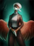  2019 anatid anseriform anthro avian beak belt bird breasts brown_fur clothed clothing duck female fully_clothed fur green_eyes gun hair hi_res lutti mammal ranged_weapon simple_background solo weapon white_fur white_hair wings 