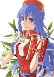 1girl agatemarine blue_eyes blue_hair book bracelet breasts cowboy_shot dress fire_emblem fire_emblem:_the_binding_blade flower hat jewelry lilina_(fire_emblem) long_hair looking_at_viewer medium_breasts plant red_dress red_headwear simple_background smile solo twitter_username white_background 