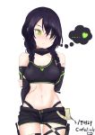  1girl arm_behind_back artist_name bandana belt_pouch black_gloves black_hair blush braid commentary_request crop_top dated elbow_gloves fingerless_gloves girls_frontline gloves green_eyes hair_over_one_eye heart highres holding_own_arm kjm3111 korean_commentary looking_to_the_side mac-10_(girls_frontline) navel neon_trim pouch scar shorts simple_background solo spoken_heart stitches thigh_strap thighs twintails white_background 