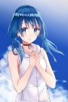  1girl akaya_(pixiv20545353) amano_hina_(tenki_no_ko) bangs bare_arms bare_shoulders black_choker blue_eyes blue_hair blue_sky blush choker cloud collarbone commentary_request day eyebrows_visible_through_hair hands_clasped hands_together highres hood hood_down hooded_jacket jacket long_hair looking_at_viewer outdoors own_hands_together parted_lips sky sleeveless sleeveless_jacket smile solo tenki_no_ko twintails upper_body white_jacket 