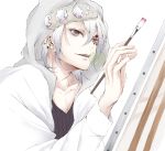  1boy absurdres alternate_costume canvas_(object) earrings facial_mark gem headband highres holding holding_paintbrush hood hoodie jewelry kimetsu_no_yaiba male_focus open_mouth paintbrush painting saeki_37 silver_hair solo teeth upper_body uzui_tengen 