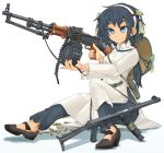  1girl ajirogasa ammunition_belt bag black_footwear black_hair black_pants blue_eyes bracelet brown_headwear bullet_casing carrying closed_mouth commentary_request dress full_body gun hair_ornament hairband hat high_collar highres holding holding_gun holding_weapon jewelry long_sleeves machine_gun medium_dress mikeran_(mikelan) original pants partial_commentary rpd sandals satchel shadow simple_background sitting smile solo submachine_gun vietnamese_dress weapon white_background white_dress white_hairband 