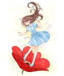  1girl anemone_(flower) arms_at_sides bangs bare_legs beige_background blue_dress blue_footwear blue_ribbon blunt_bangs blush blush_stickers breasts brown_hair buttons closed_eyes curly_hair dress eyebrows_visible_through_hair floating_hair flower full_body gradient gradient_background happy high_heels kawanobe light_smile long_hair no_nose original oversized_flowers puffy_short_sleeves puffy_sleeves red_flower ribbon short_dress short_sleeves simple_background small_breasts smile solo sparkle sparkle_background standing standing_on_one_leg striped striped_dress u_u vertical-striped_dress vertical_stripes 