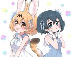  2girls alternate_costume animal_ear_fluff animal_ears bare_shoulders black_hair blonde_hair blue_dress blue_eyes blush commentary_request dress extra_ears eyebrows_visible_through_hair flower glove_bow gloves hair_flower hair_ornament hair_ribbon hands_on_own_face kaban_(kemono_friends) kemono_friends matching_outfit multicolored_hair multiple_girls no_hat no_headwear ransusan ribbon sailor_collar sailor_dress serval_(kemono_friends) serval_ears serval_print serval_tail short_hair sleeveless sleeveless_dress tail upper_body white_dress white_gloves yellow_eyes 